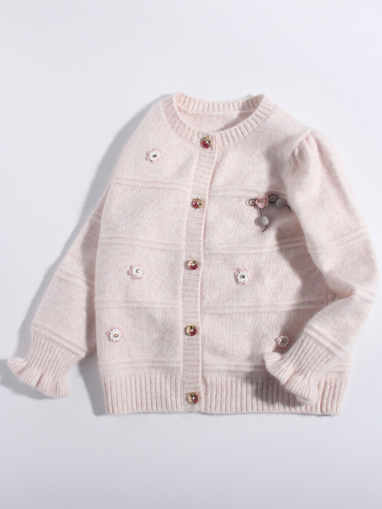 Blush Pink Flower Embroidered Girl Cashmere Button-Down Cardigan